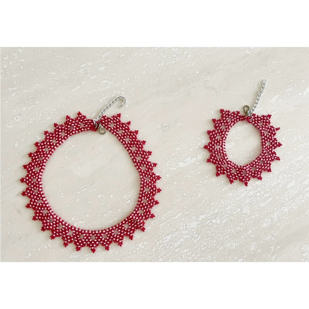 Bracelet Necklace Gift Set Red White Beads Fashion Jewelry